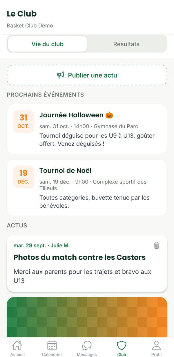 Onglet Le Club : prochains événements comme la journée Halloween et actus du club